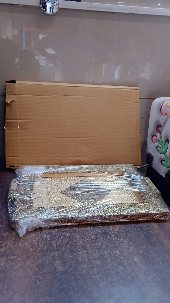 Premium Antique-style Rajwadi Decorative Serving Tray  40x26 Cm, Golden Floral Design with Embossed Centre Pattern (1 Pc, Brown Box)