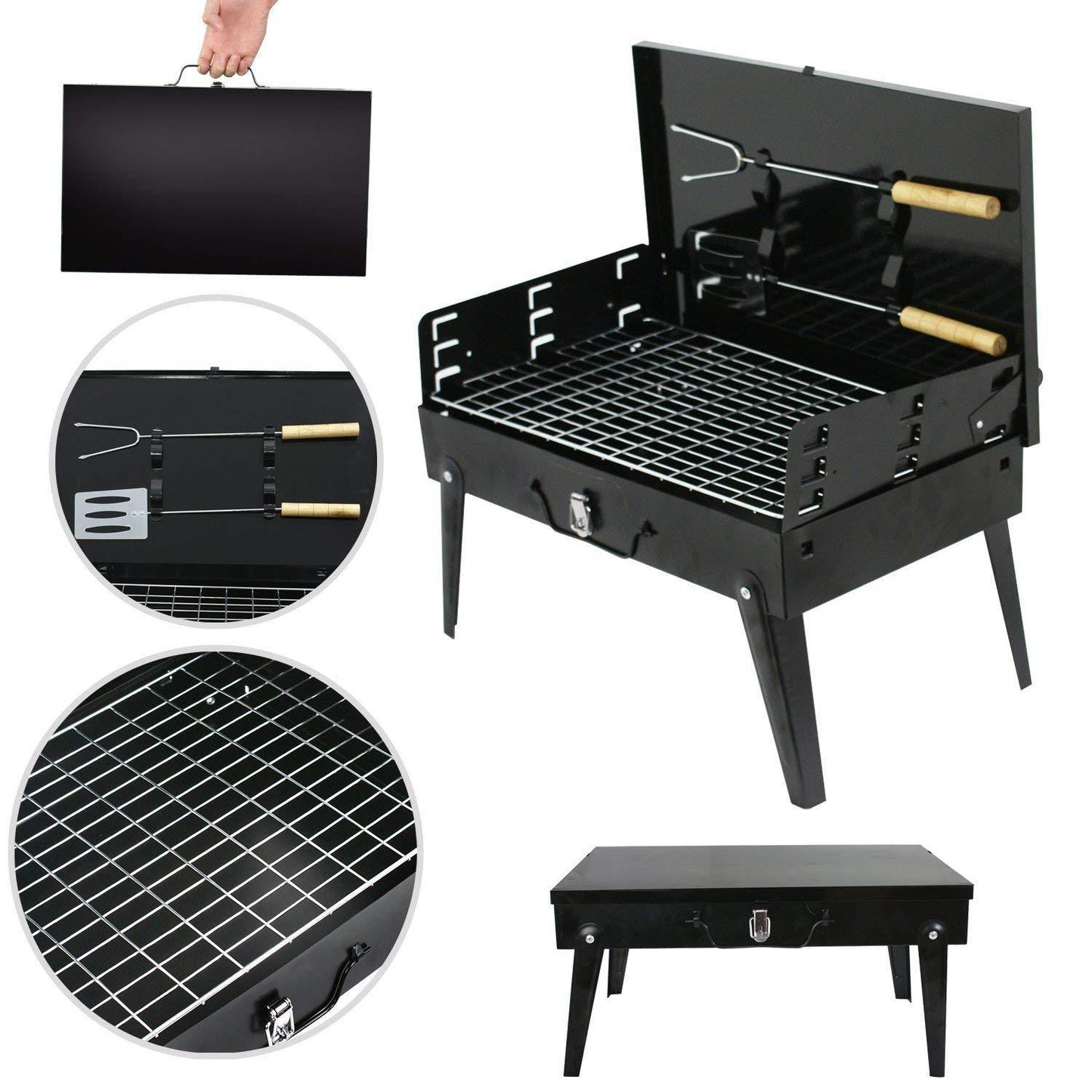 Stainless Steel Briefcase Style Barbecue Grill Toaster (Medium Black) FOLDABLE & PORTABLE FOR INDOORS & OUTDOORS