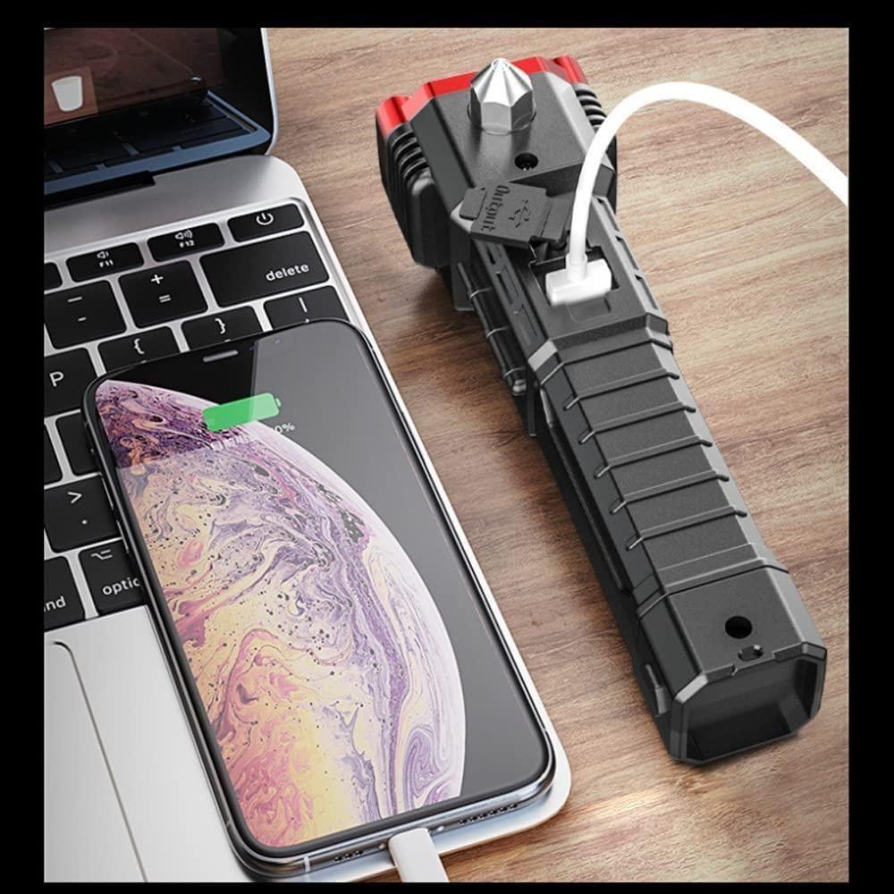 Multi-Utility Portable Rechargeable Torch LED Flashlight Long Distance Beam With Strong Hammer, Cutter & Camping Hook