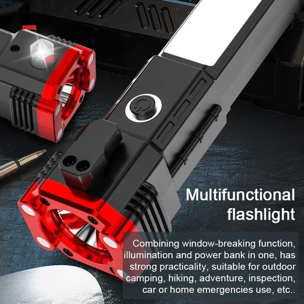 Multi-Utility Portable Rechargeable Torch LED Flashlight Long Distance Beam With Strong Hammer, Cutter & Camping Hook