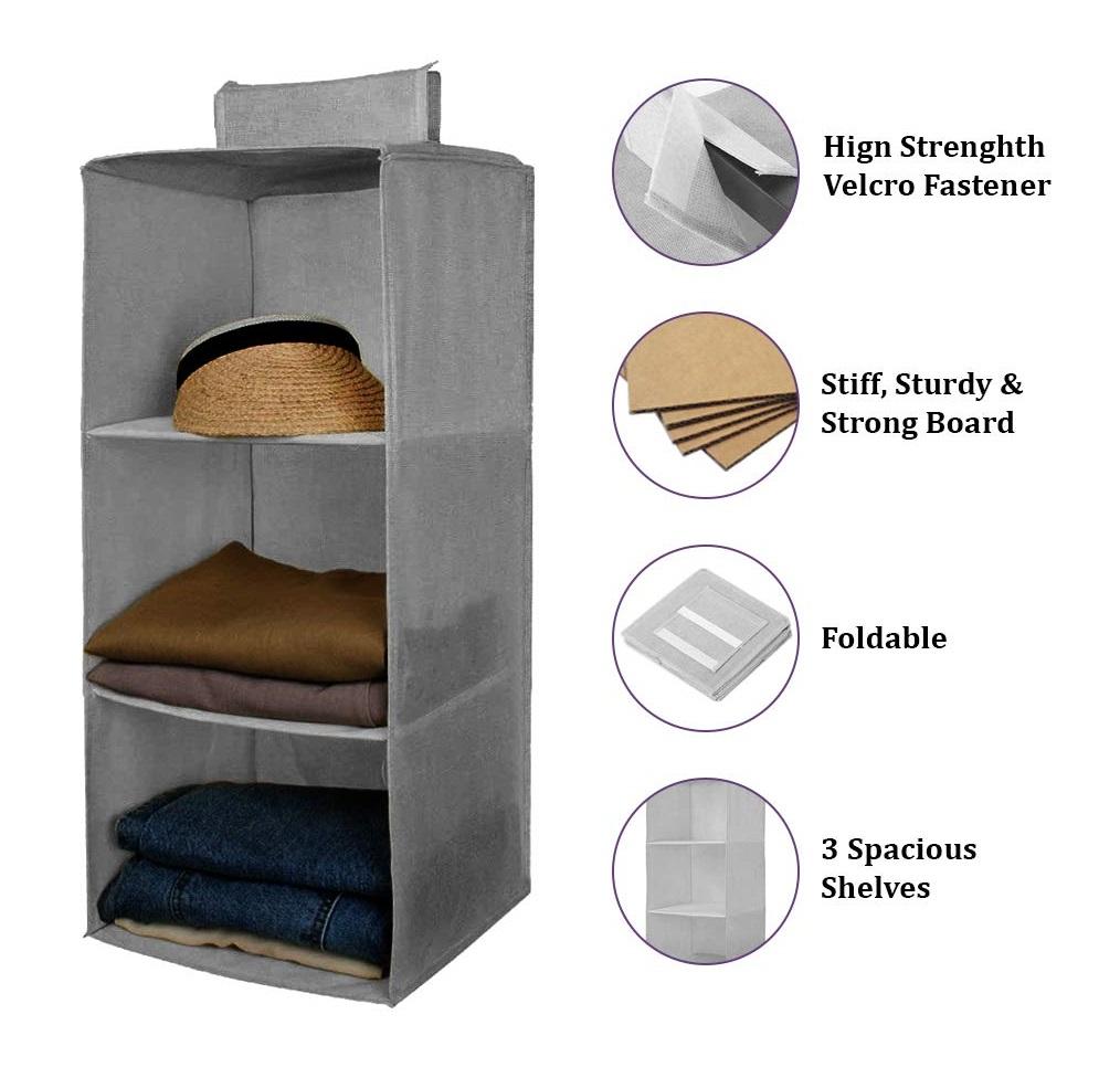 Hanging Wardrobe Organizer - 3 Shelves Non-Woven Fabric Hanging Storage Wardrobe Organizer