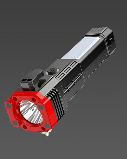 Multi Functional Portable 3w Rechargeable Torch Led Flashlight Long Distance Beam Range Hammer And Strong Magnets Window Glass And Seat Belt Cutter 4 Modes For Car Camping Hiking Indoor Outdoor