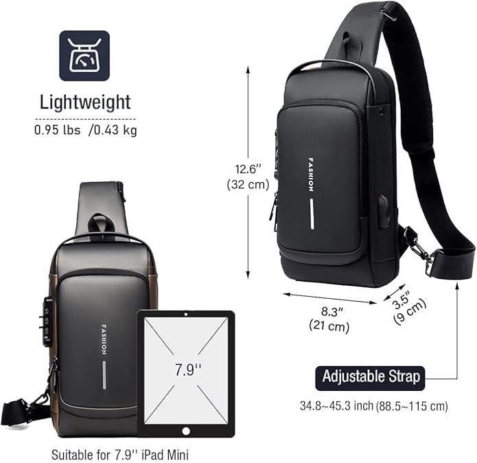 Sling / Cross Body Bag Backpack for Men & Women - With USB Charger & Safety Lock