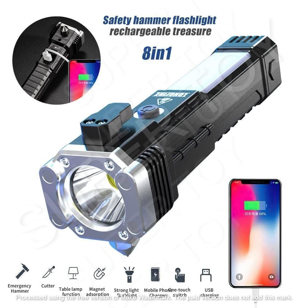 Multi Functional Portable 3w Rechargeable Torch Led Flashlight Long Distance Beam Range Hammer And Strong Magnets Window Glass And Seat Belt Cutter 4 Modes For Car Camping Hiking Indoor Outdoor