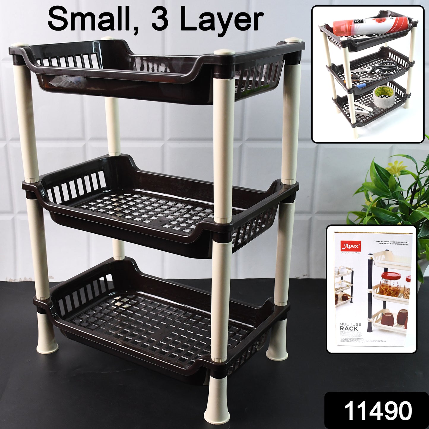 Apex Small Multiuse Plastic Storage Rack Organizer 3-tier - For Kitchen, Office & Shop