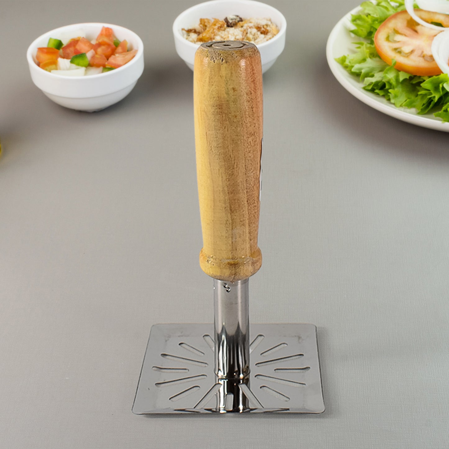 Wooden Handle Square Stainless Steel Potato Masher (1 Pc)