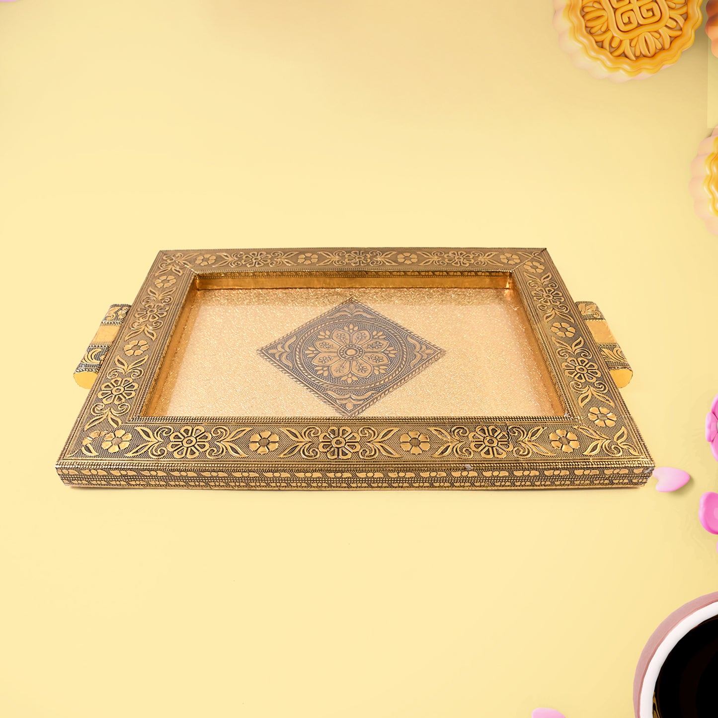 Premium Antique-style Rajwadi Decorative Serving Tray  40x26 Cm, Golden Floral Design with Embossed Centre Pattern (1 Pc, Brown Box)