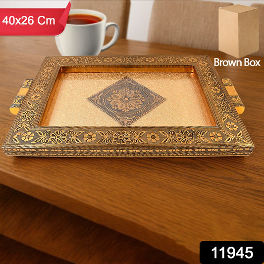 Premium Antique-style Rajwadi Decorative Serving Tray  40x26 Cm, Golden Floral Design with Embossed Centre Pattern (1 Pc, Brown Box)