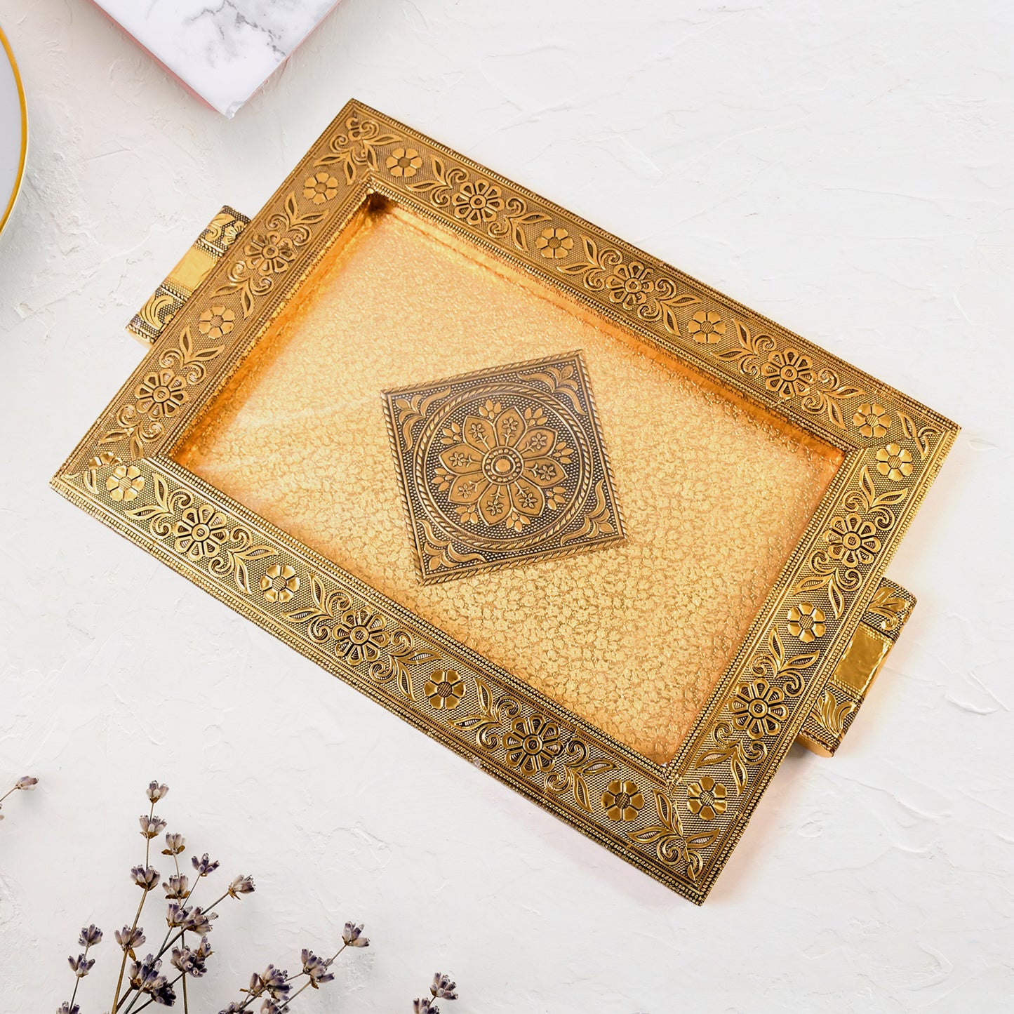 Premium Antique-style Rajwadi Decorative Serving Tray  40x26 Cm, Golden Floral Design with Embossed Centre Pattern (1 Pc, Brown Box)