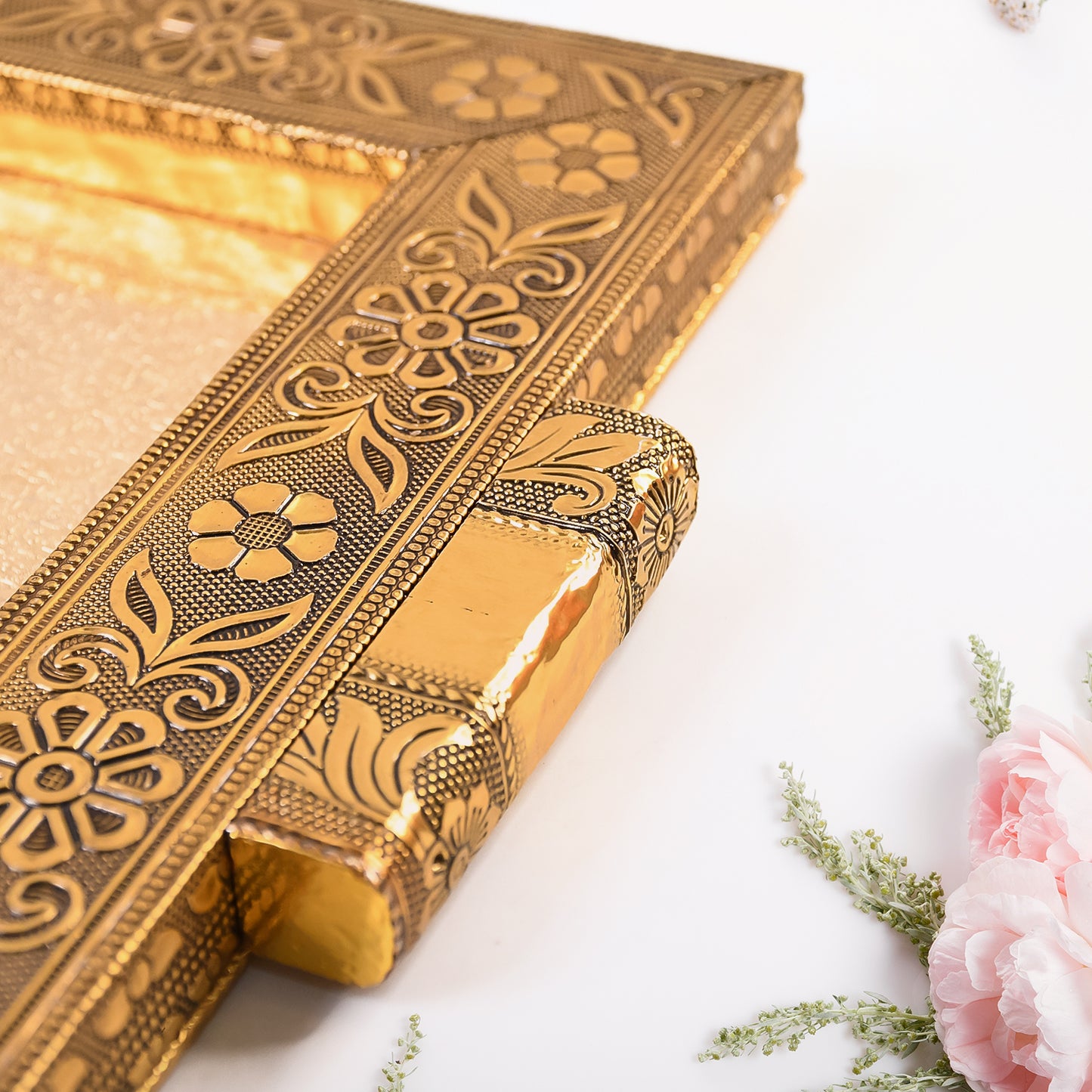 Premium Antique-style Rajwadi Decorative Serving Tray  40x26 Cm, Golden Floral Design with Embossed Centre Pattern (1 Pc, Brown Box)