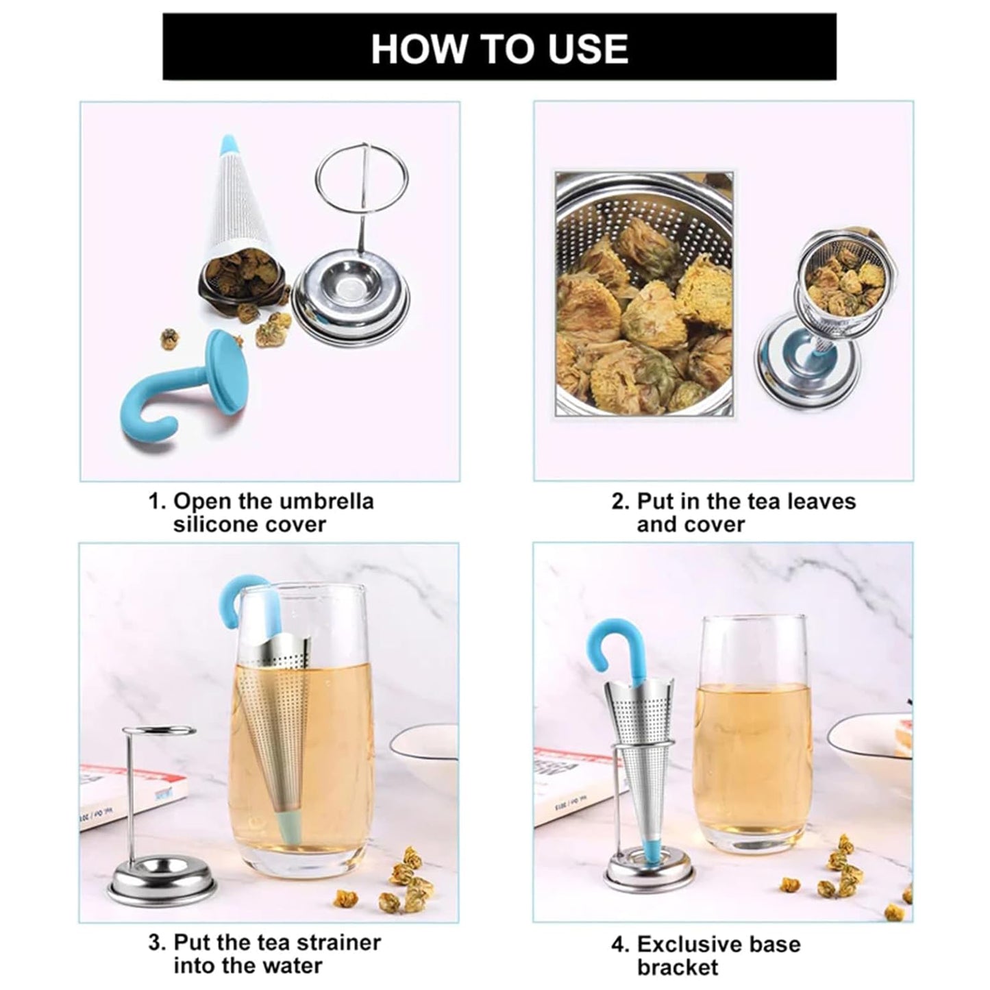 Reusable Cute Umbrella Style Tea Strainer / Infuser WITH Tray / Stand - 1 Pc - (Color as per availability)