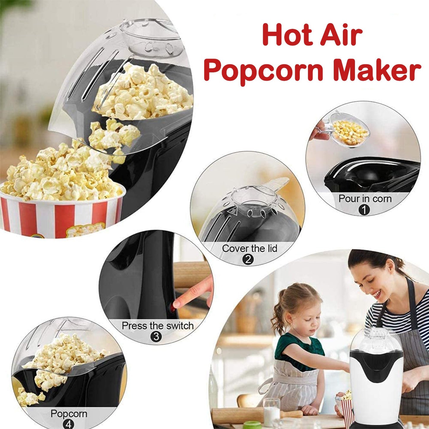 Hot Air Popcorn Popper Electric Machine Snack Maker - Oil Free